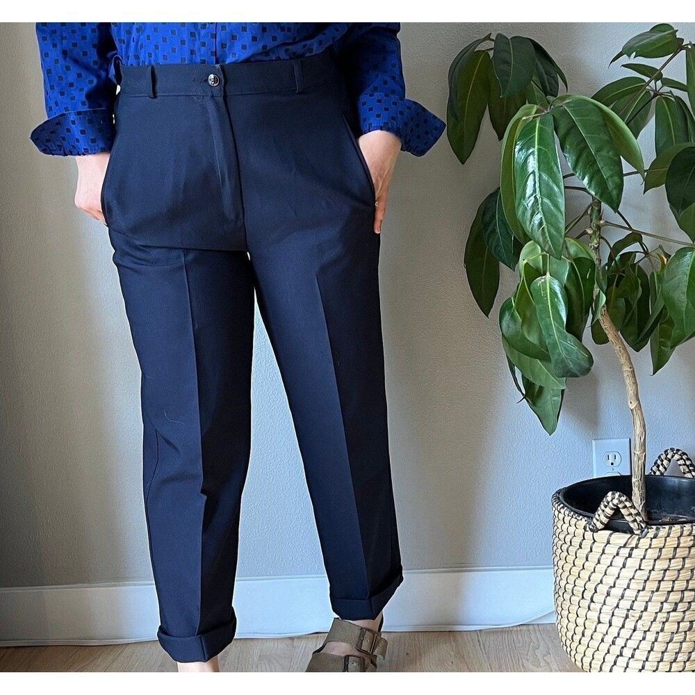 vintage navy blue high waisted trousers pants pockets‎ old money size 8 petite - Picture 9 of 10